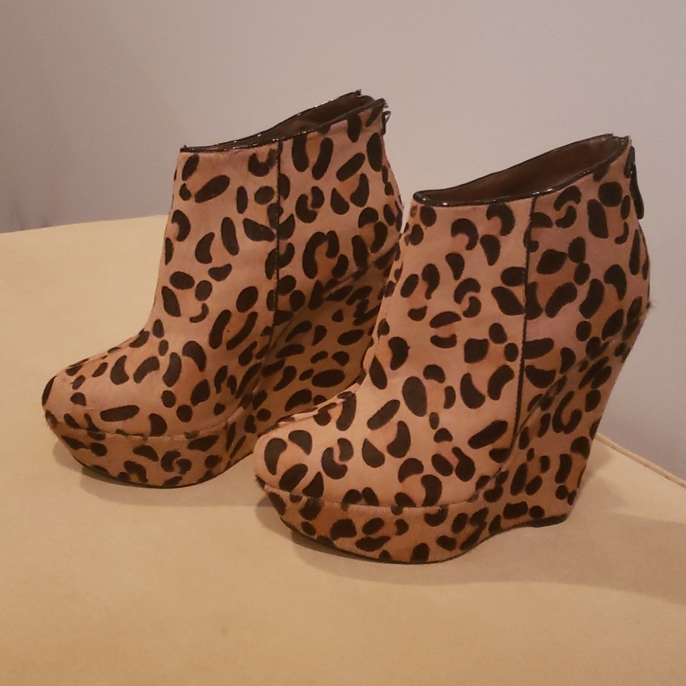 Bebe leopard wedge booties 6M